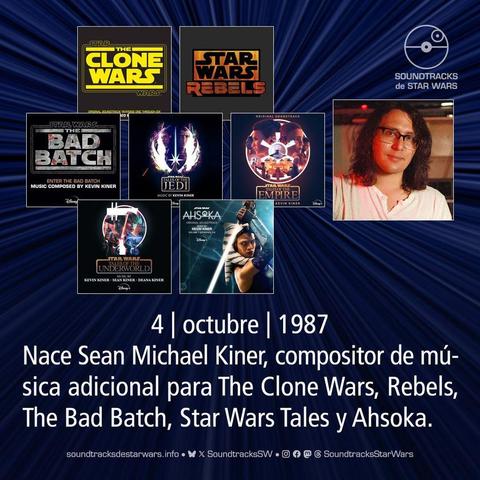 Portadas de soundtracks de The Clone Wars, Rebels, The Bad Batch, Star Wars Tales y Ahsoka, y una foto de Sean Kiner. / Soundtrack covers for The Clone Wars, Rebels, The Bad Batch, Star Wars Tales, and Ahsoka, and a photo of Sean Kiner.