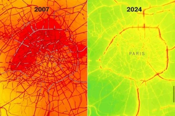 Mapa de la contaminación de París comparando la evolucion en 17 años. (x: @mariopicazo)