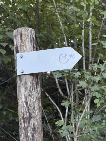 A sign pointing to the hiking trail. Somebody drew a small Pac-Man on it.