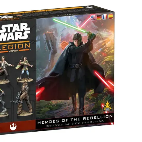 A box for the "Star Wars: Legion" tabletop game features a dynamic illustration of a character wielding a green lightsaber, dressed in dark robes, set against a vibrant background of a forested landscape with futuristic structures. The left side of the box displays several miniatures, including characters resembling a Wookiee and other Rebel figures. The title "Heroes of the Rebellion" is prominently featured at the bottom, along with various language icons.