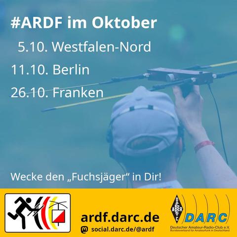 Die Infografik zeigt die Termine von Wettbewerben im Amateurfunkpeilen im Oktober:
Sonntag 05.10. 	Westfalen-Nord (N)
Samstag 11.10. 	Berlin (D)
Sonntag 26.10. 	Franken (B)
Wecke den "Fuchsjäger" in Dir!