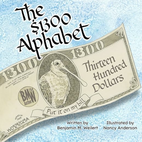 book cover. fake $1300 currency with a spoonbill bird with the words below "Put it on my bill"