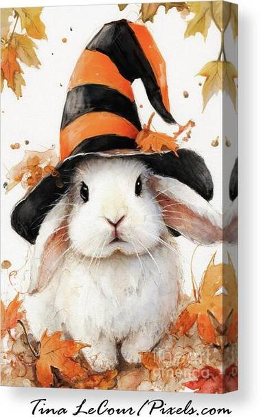 This is a canvas of a whimsical white bunny wearing a witches hat posing in some colorful autumn leaves.