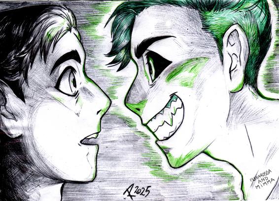 Illustration of Danny Runner, a human boy, face to face with a ghostly, glowing, and disturbing, teeth-baring version of himself.