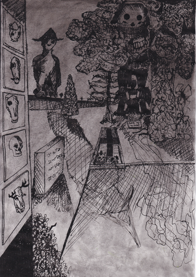 A view onto the grounds of a cemetery. Before you is a grave with a big cross. Beside it lies a skull. 
Behind the graves is a fir and a big tree full of leaves. Behind that tree stands a giant, looking at the viewer; a huge hand pushes the limb down.
In the left is a man-high tower with plates before the spaces where the urns are stored. On the 
Plates have a skull on each: a human skull, stag, wolf, cat. In the far left is the wall of the
cemetery. Behind it stands another giant with a conic hat, his shadow falls on the ground from there until it reaches your unseen feet.
