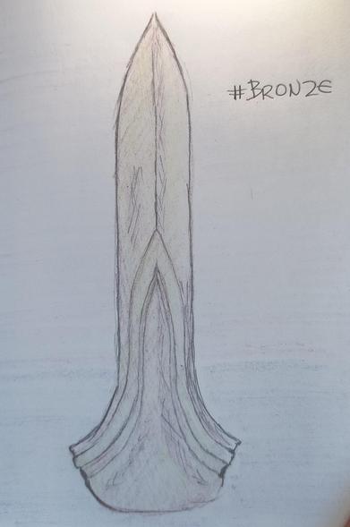 Tekening met 2B potlood en wat goedkope restaurant kleurpotloodjes, van het zogenaamde zwaard van Ommerschans, uiteraard gemaakt van brons.