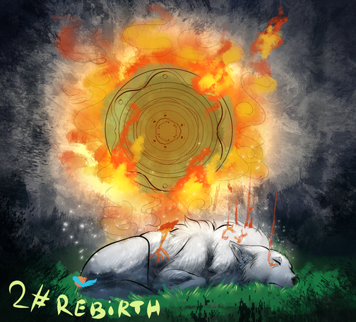 Amateratsu laying on the floor in nature, while her energy rebirth as a solar flame, giving it's light in the center of the piece, chasing darkness