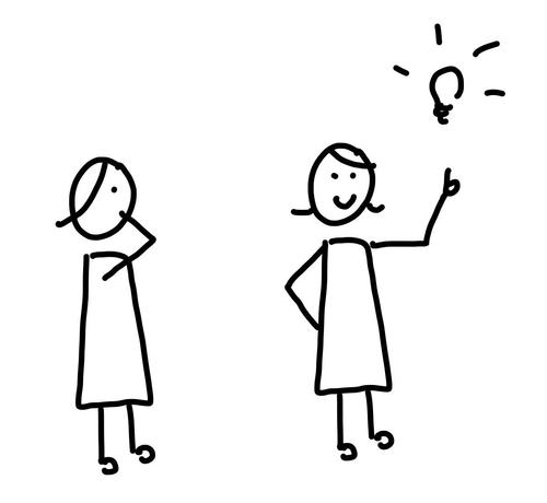 A stick woman with a hand on her mouth -> same stick woman smiling, a light bulb over her raised finger.