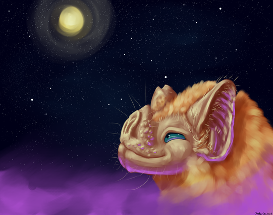 A portrait of a vampire bat with a night sky background featuring a starry sky and a bright moon. Below is a purple fog that is bat has raised their head above. The bat has a smile on their face as they look up at the sky while the moon shines down on them.