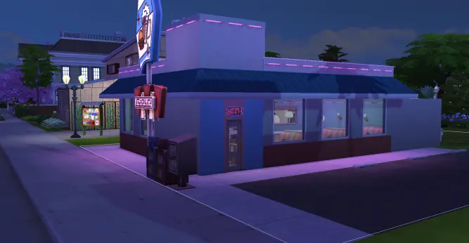 exterior shot in night lighting of a sims 4 build that resembles dumpty's diner from infinity train book 4.