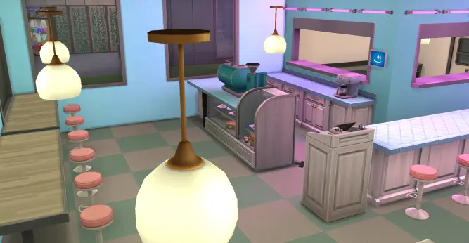 interior shot of a sims 4 build that resembles dumpty's diner, showing mostly bar-type seating and an espresso bar where a cash register should be.