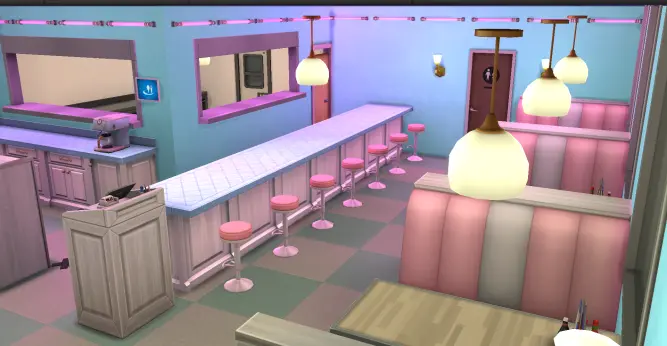 interior shot of a sims 4 build that resembles dumpty's diner, showing both bar and booth seats.