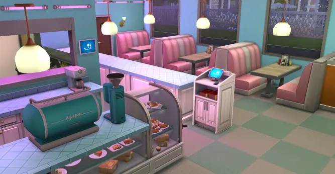 interior shot of a sims 4 build that resembles dumpty's diner, from another angle showing more of the outer employee area along the bar outside of the kitchen.