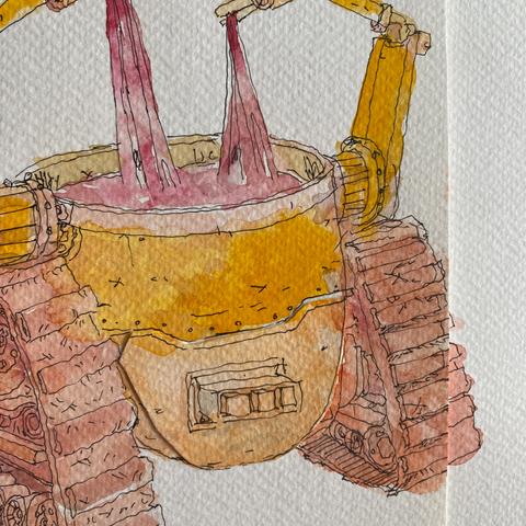 Detalle de la ilustracion, robot con color amarillo en manchones de distintos tonos y linea negra de tinta.