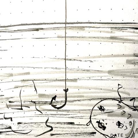 Sketch of a fishing hook in murky water. At the bottom right, a fish-like figure looking at it curiously.