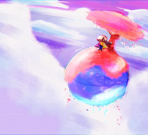 orchid is standing atop a small planetoid, covered in pink grass, a pink tree, and blue water. it is floating over a massive, purple-tinted, cloud-covered ocean. however, everything except orchid has strong digital artifacting - the entire landscape is a simulacrum