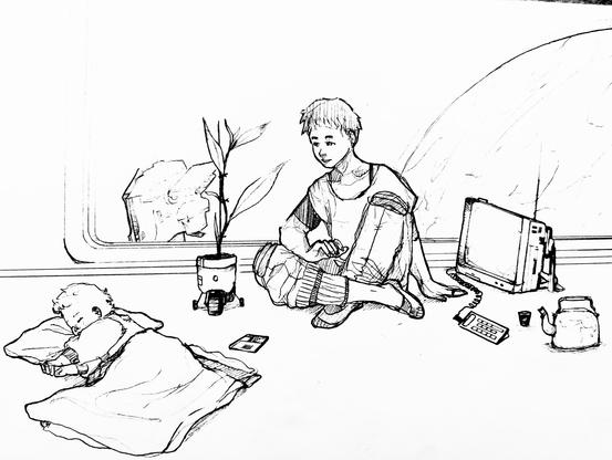 Ilustración a lápiz de una persona sentada en el suelo junto a una maceta con ruedas y una suerte de ordenador gordo, además de una tetera. Frente a esta persona, hay un bebé durmiendo en el suelo. 

De fondo, una cristalera con un planeta y una nave