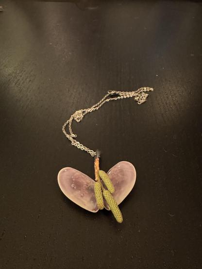 Combination of catkin and a set of two puple/pink seashells.