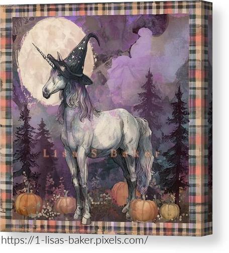 Enchanted Moon Unicorn / Unicorn Art by Lisa S Baker. Under a full harvest moon, a mystical unicorn in a witch's hat steps softly through a pumpkin-lit clearing, trees standing sentinel at the edge of night. Starlight threads its mane like quiet spells, and the scene hums with autumn enchantment-part fantasy, part moonlit serenity. A fun way to bring a touch of whimsical wonder into your home.