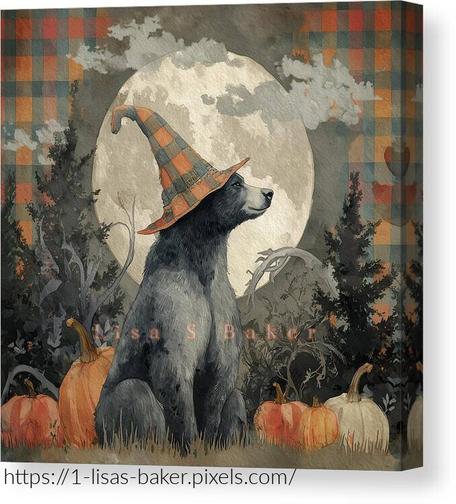 The Bewitched Bear / Animal Art by Lisa S Baker. A bear wearing a striped witch hat sits proudly in a glowing pumpkin patch beneath the full moon, surrounded by dark, whispering foliage. Both gentle and powerful, this woodland guardian carries the mystery of the forest on its shoulders. The scene blends cozy harvest warmth with a touch of spooky enchantment - a playful yet elegant nod to Halloween with a rustic woodland twist.
