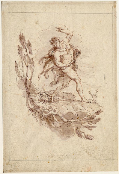 Ink drawing by Edward Francis Burney depicting the muscular mythological figure Orion standing on a rocky  formation. The figure, shown in dynamic motion, is semi-draped in flowing fabric, with one arm raised. A scorpion is biting the figure's heel as he looks down at it.