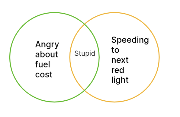 Venn diagram indicating zone of stupidity between being angry over fuel costs while also zooming to the next red light.