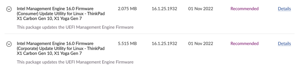 Screenshot des Linux ME Firmware Updates mit veralteter Version aus 2022