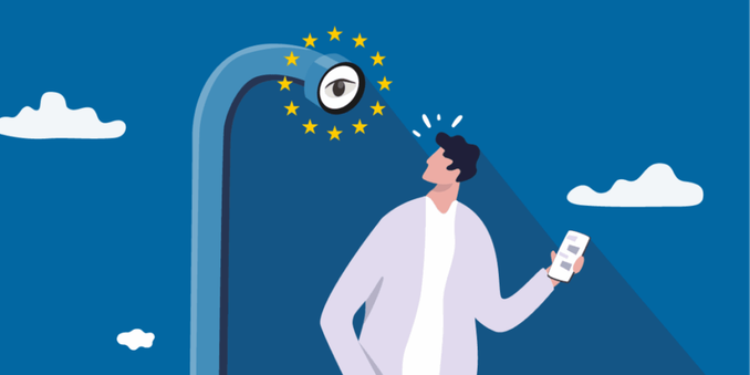 Teleskopio luze batean sartutako begi batek, Europako Batasuneko i zarrek inguratua, telefonoa erabiltzen ari den gizonezko bati bizkarretik begira