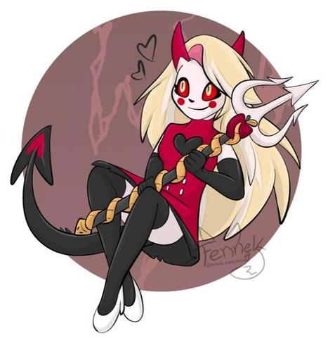 Charlie Morningstar of Hazbin Hotel with her Horns and Tail and she is holding her trident