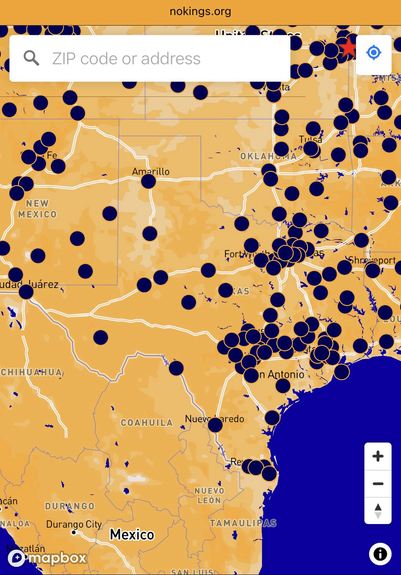 Map showing locations of the “No Kings 2.0” protests to be held in Texas on Saturday, October 18th, 2025.