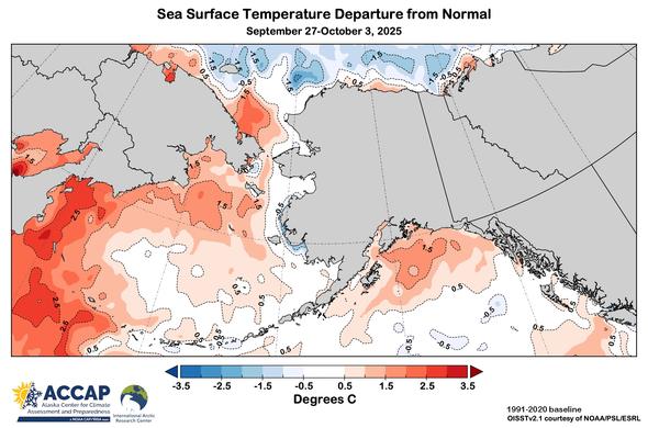 Map centered on Alaska showing sea surface temperature (ºC) difference from the 1991-2020 baseline for the week of September 27 to October 3, 2025.