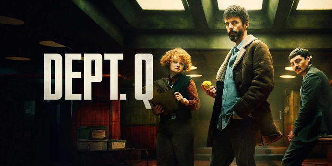 image of a series poster for the show Department Q, staring Matthew Goode standing in the centre and his two co-stars on either side of him.