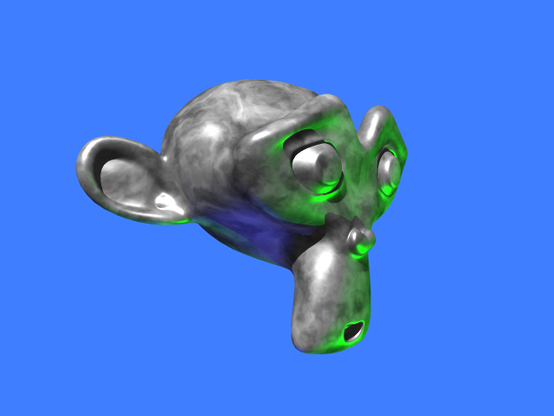 Screenshot of the classic Blender monkey head model, rendered in my toy raytracer with a procedural texture & several lights