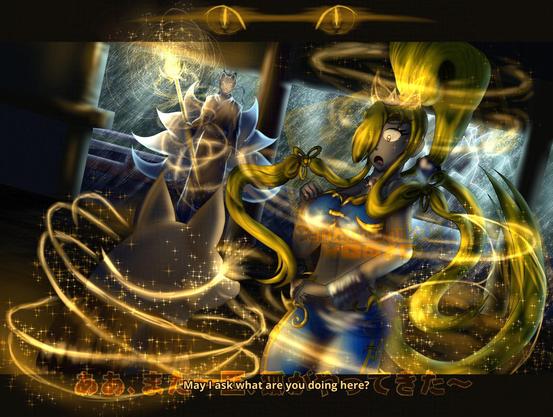 Claudia ([She/Her] A caucasian woman with blonde hair. Her hair is styled with a bang covering her right eye, her side bangs going past her chest with a knot midway, and a unique and large ponytail that has a big curve a foot above her head before going down - passing thru a large blue gem bead before splitting in two and coming back into another blue gem bead - going past her knees. She wears a blue bra with gold rims with the rims making a curved spike design at the side of her breasts. A silver tiara rests on her head with a blue gem, with a necklace in the style of her family's former kingdom (upside down pentagon with two curved triangles on each side and two curved spikes facing downward) in silver and a gem in the middle. Her eyes are of a brown with blue magic sparkles within them subtlely.) inside of a japanese shrine while a thunderstorm is taking place outside, she's looking at a fox statue with a red cloth tied around it. While a Kitsune walks into the shrine and activates some kind of bright orange magic. The statue's eyes glow as Claudia looks in shock, both surrounded with a magical swirl with Claudia getting ghostly elements of a fox ears and tail on her. Subtitles over the crop say "May I ask what are you doing here?" with japanese subtitles that (might) say the same thing behind it.