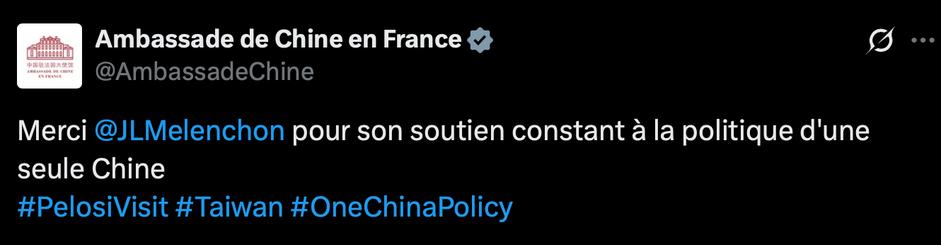 L'ambassade de Chine en France remercie Mélenchon pour "son soutien constant à la politique d'une seule Chine".