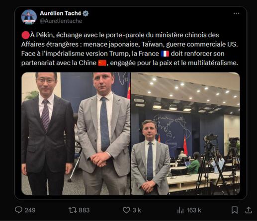 Tweet d'Aurélien Taché posant avec le porte-parole du ministère chinois des Affaires étrangères : "A Pékin, échange avec le porte-parole du ministère chinois des Affaires étrangères: menace japonaise, Taïwan, guerre commerciale US. Face à l'impérialisme version Trump, la France doit renforcer son
partenariat avec la Chine, engagée pour la paix et le multilatéralisme."