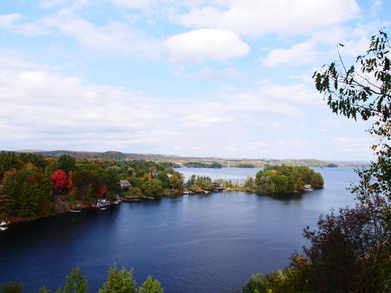 A wide shot of Fairy Lake in Huntsville Ontario from the Lions Lookout. The lake has several small islands and outcroppings, and the leaves are starting to change colour for the fall. 

f8, 1/200s, iso200, 14mm (14-150mm)