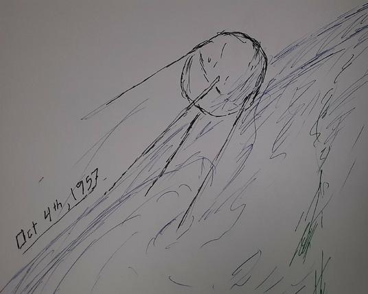 Round satellite with four antennas, meant to be Sputnik 1.

Over the limb of the Earth with clouds.

A caption says "Oct 4th, 1957"