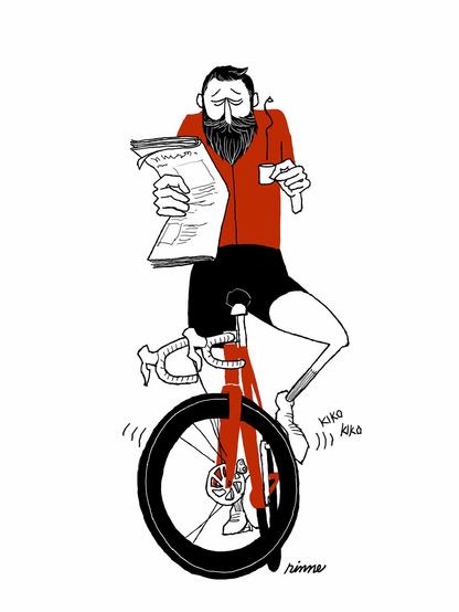 Desenho de ciclista com camiseta vermelha, shorts preto e barba, montado em uma bicicleta enquanto lê o jornal e toma um cafezinho — tudo ao mesmo tempo.