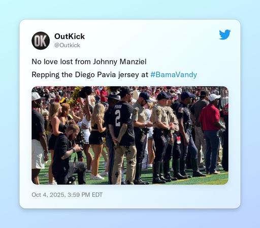 No love lost from Johnny Manziel

Repping the Diego Pavia jersey at #BamaVandy https://t.co/7UxS1Kpg48