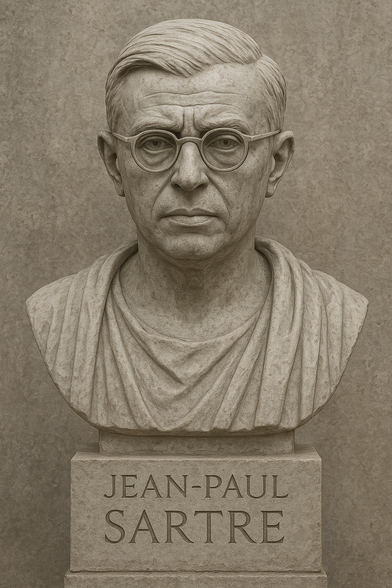 Filosofía, philosophy. Busto de Jean Paul Sartre generado con IA.