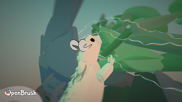 a picture of a sketchy 3d render of a beige rat looking out a window at green foliage