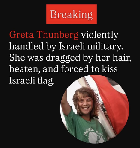Breaking Greta Thunberg violently handled by Israeli military. She was dragged by her hair, beaten, and forced to kiss Israeli flag.
