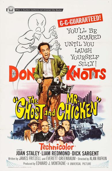The poster from The Ghost and Mr. Chicken (1966) depicts a frightened Don Knotts dressed in a green cardigan and high-waisted trousers, holding a flashlight in one hand and an old-fashioned camera in the other, flanked by the actor's first and last name in red letters, and the title of the film in yellow letters at knee-level; looming above and behind him is a four-armed cartoon ghost looking like a pissed-off Casper with a different weapon in each hand next to a red box with “G-G-GUARANTEED!” and the
tagline “YOU’LL BE SCARED UNTIL YOU LAUGH YOURSELF SILLY!" while Knotts and several cast members are featured above the credits at the bottom