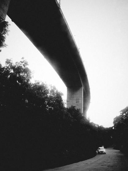 Foto em preto e branco de uma rua de terra batida cercada de arbustos altos, um carro branco à distância, e uma ponte muito alta sobre tudo isso.