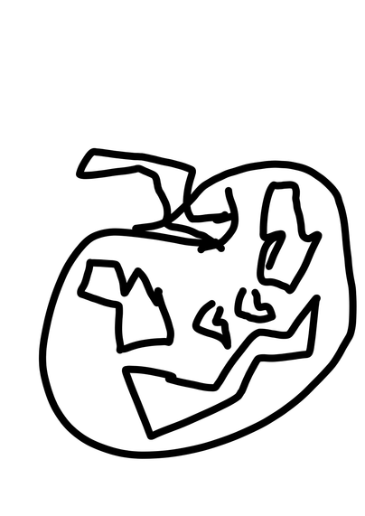 A simple jack o lantern doodle uncolored. The stem is wiggly the eyes are bulbous with two nose slits and crooked smile.