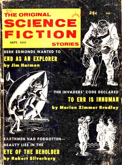 Three separate vignettes of: a woman grabbed by a six-armed humanoid monster; a woman grabbed by a crab-like robot; a meeting between a space suited figure and two alien creatures, water at their feet.
Science Fiction Stories magazine cover from 1959.