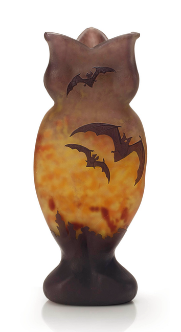 official auction photo, front view on white background  Vase, cameo glass translucent browns and yellows, with a trio of flying bats in dark brown silhouette
