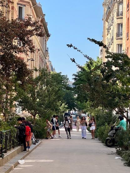 A Paris “School Street” where cars are removed and people space/tree planting are added