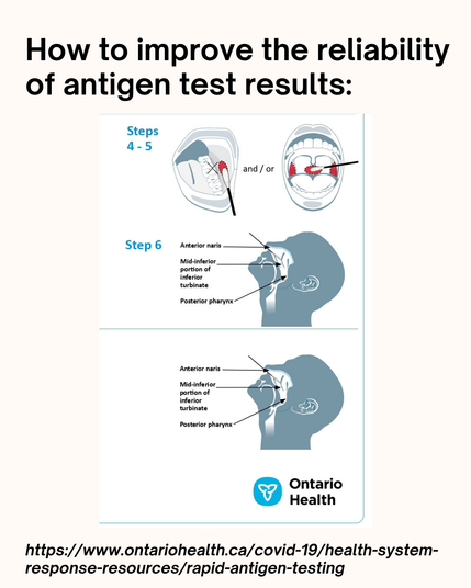 How to improve the reliability of antigen test results:
1. Run the swab along your lower gums and the inside of your cheeks inside your mouth. Then, run it along the back of your tongue. If you can, run it along your tonsils, using a mirror to guide you.
2. Insert the swab into one nostril. Tilt your head back and insert the swab straight in (not up) until you meet resistance. Rotate the swab several times. Repeat the same process in the other nostril.